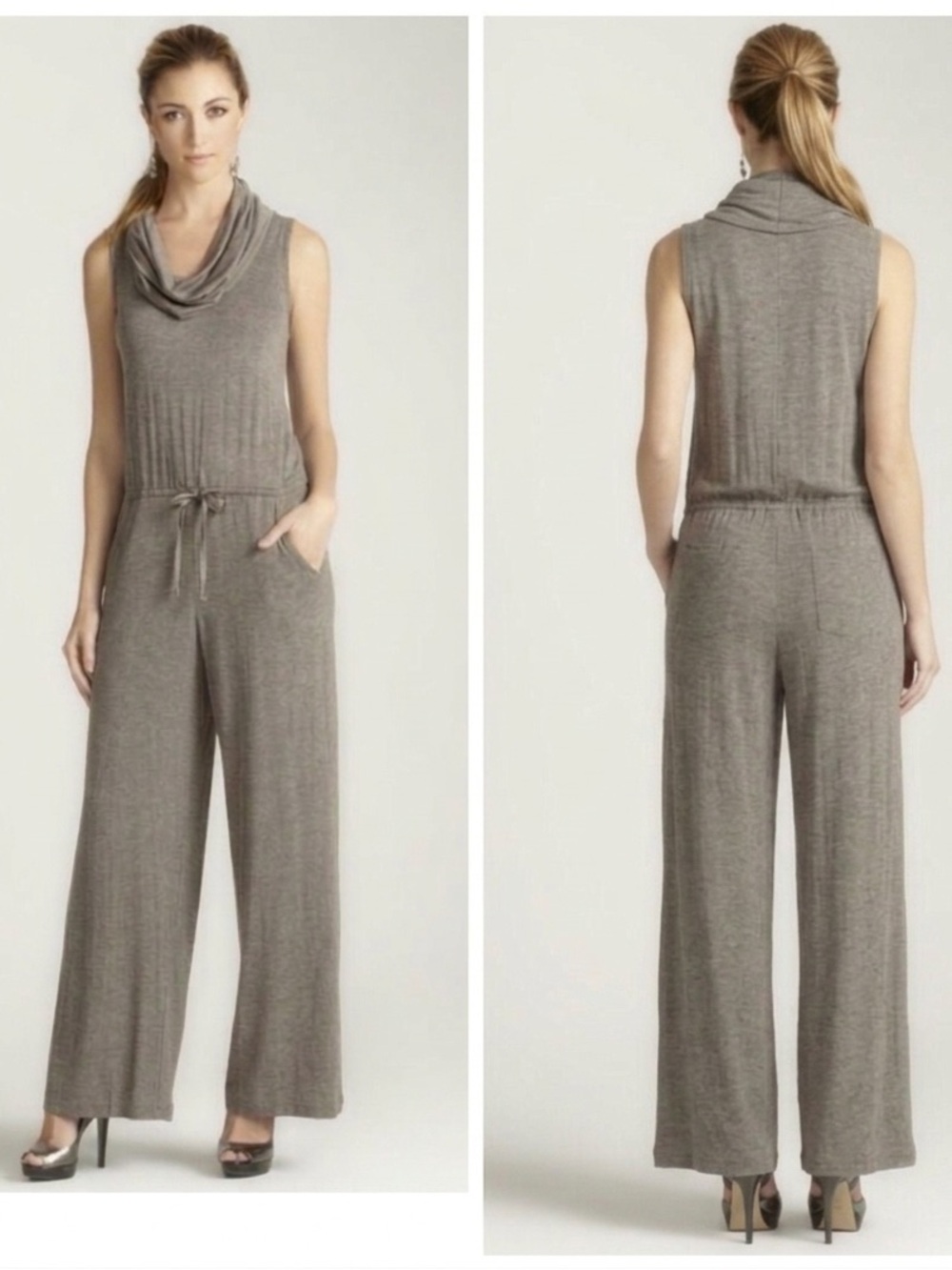 Max Studio Wide Leg Cowl Neck Jumpsuit Pocket Stretch Pant Neutral Sleeveless S